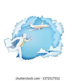 Businessman run for paper airplane fly away in blue sky with clouds. Go to target and business success. Go to holidays concept. Paper art cut out. Vector illustration