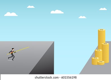 Businessman Run Pole Jump Over Cliff Stock Vector (Royalty Free ...