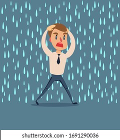 businessman run from the rain . Stock flat vector illustration.
