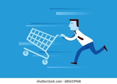 Businessman run with a shopping cart