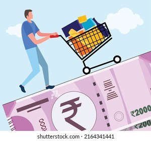 Businessman run shopping cart on rupee note, inflation concept illustration