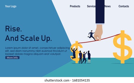Businessman run from small earning to bigger earning. Growth sales. Business Landing Page Template.