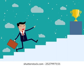 Businessman run Up Stairs, Concept Business Man Win Price. vector illustration in flat design on green backgound.