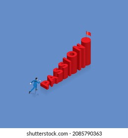 Businessman run and step up a stair, a staircase is red text word PASSION, arrange in alphabet order with success flag on top. Business concept of goal, ambition, challenge, achievement, motivation.