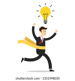 Businessman run. think idea. lamp idea vector. wallpaper. free space for text. copy space.