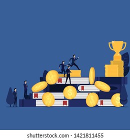 Businessman run to trophy through book and coin metaphor of knowledge and money to get appreciation. Illustration For Wallpaper, Banner, Background, Book Illustration, And Web Landing Page.