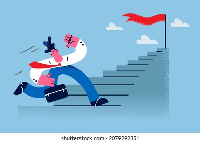 Businessman run upstairs to reach business goal or purpose on top. Man employee or worker go up staircase approaching career aim. Achievement and leadership. Motivation. Vector illustration. 