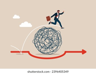 Businessman run the way around and jump pass chaos messy line. Mental health treatment. Flat vector illustration