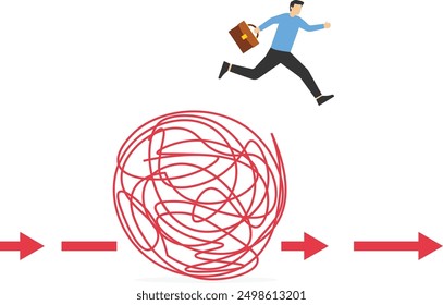 Businessman run the way around and jump pass chaos messy line. Mental health treatment. Flat vector illustration

