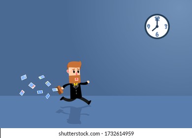 Businessman run to work until falling papers from briefcase. Business Concept. Vector illustration