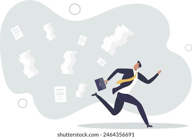 businessman runaway from paperwork.flat vector illustration.