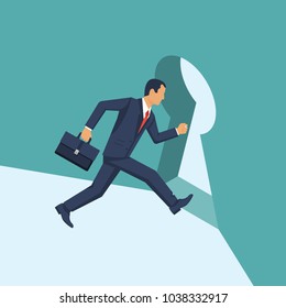 Businessman runing into the keyhole. Solution to problem business concept. Man looks at open opportunities. Male walking go to goal. Vector illustration flat design. Isolated background.