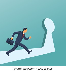 Businessman runing into the keyhole. Solution to problem business concept. Man looks at open opportunities. Male walking go to goal. Vector illustration flat design. Isolated background.