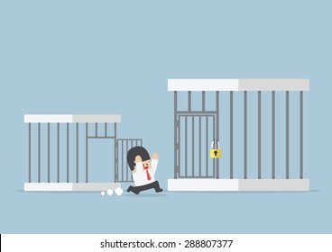 Businessman runing out from small cage to the bigger cage, VECTOR, EPS10