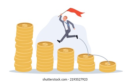 Businessman Running To Achieve Financial Goal, Collecting Wealth Concept. Vector Illustration.