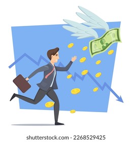 Businessman running after banknote vector illustration. Blue down arrow on diagram on white background. People losing money. Rising inflation, recession in Europe. Economy, finance concept