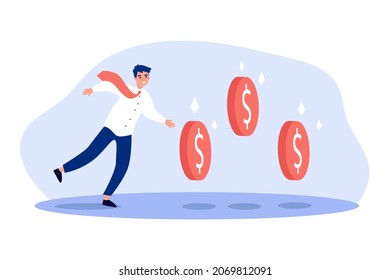 Businessman running after coins falling from above. Tiny man receiving money flat vector illustration. Business investment, growth of wealth concept for banner, website design or landing web page