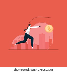 businessman running after dangling dollar coin