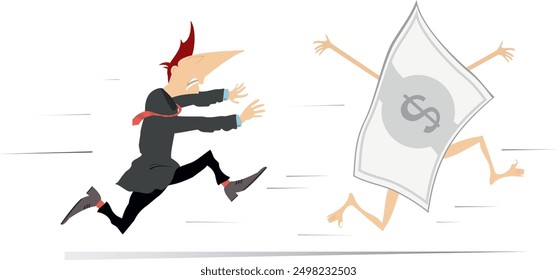 Businessman running after dollar banknote. 
Businessman trying to catch an escaping dollar banknote
