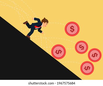 Businessman running after dollar coin. Concept race for success, making money