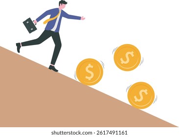 Businessman running after dollar coin. Concept race for success, making money

