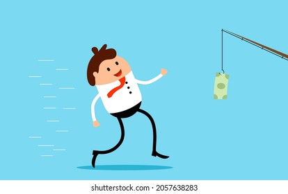 Businessman Running after Dollar on the Hook Rat Race Concept. Business and overworking topic vector illustration.