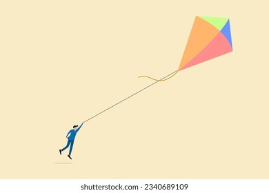 Businessman running after a kite. concept of opportunity, investment, future growth or career development vision, and target