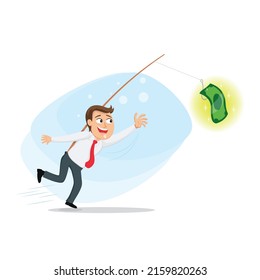 Businessman is running after money, illustrator vector cartoon drawing
