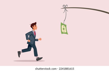 
Businessman Running After Profit Promise Vector Cartoon Illustration. Happy entrepreneur chasing money aspiring at better financial future 
