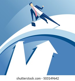 businessman running along the edge of the dial, the employee is trying to overtake the time, a man in a suit wants to win the race against time, business concept illustration