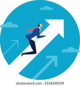 Businessman running along a giant upward arrow symbolizing career progression, achieving business goals, and experiencing financial growth in a competitive market