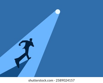 Businessman running along the hole that shines light