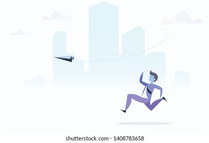 businessman running along the rocket paper path with a city background , business way concept ,vector design
