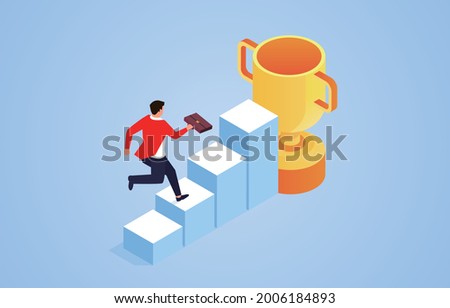 Businessman running along the steps to the trophy, the process of success