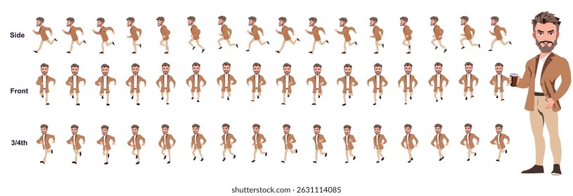 Businessman running animation, Run Cycle animation sprite sheet, Frame by frame run animation