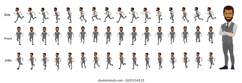 Empresário executando animação, Run Cycle animação sprite sheet, quadro por quadro executar animação