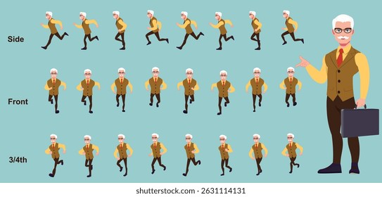 Businessman running animation, Run Cycle animation sprite sheet, Frame by frame run animation