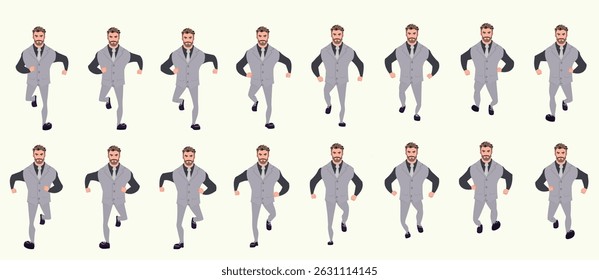 Businessman running animation, Run Cycle animation sprite sheet, Frame by frame run animation