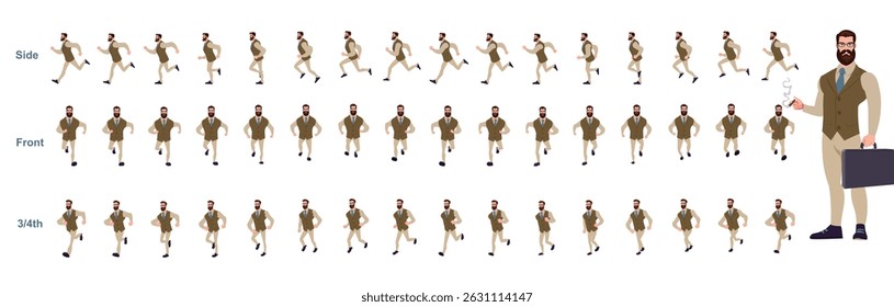 Empresário executando animação, Run Cycle animação sprite sheet, quadro por quadro executar animação