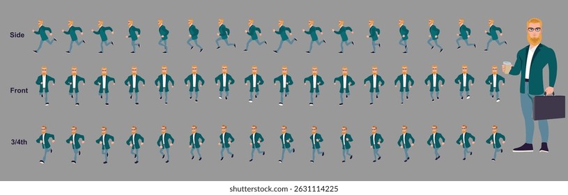 Businessman running animation, Run Cycle animation sprite sheet, Frame by frame run animation