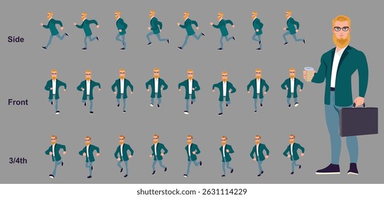 Businessman running animation, Run Cycle animation sprite sheet, Frame by frame run animation