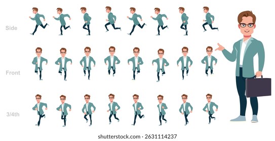 Businessman running animation, Run Cycle animation sprite sheet, Frame by frame run animation