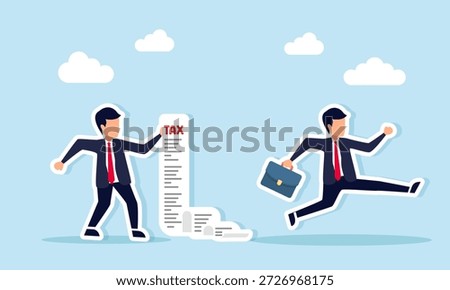 Businessman running as another businessman shows a long paper list marked tax illustrating tax collection for business companies