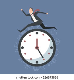 Businessman running around clock, time concept, work deadline.