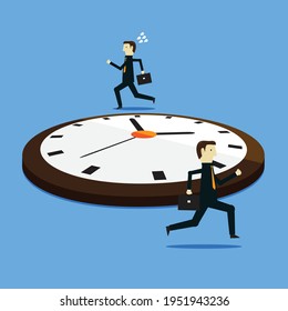 Businessman running around the clock of working time, Vector illustration in flat style