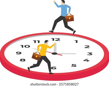 Businessman running around the clock of working time, Vector illustration in flat style

