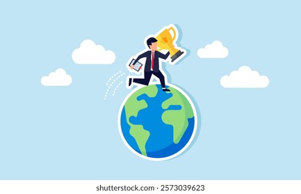 A businessman running around the globe carrying a trophy and a work board, illustration of plans to become a global business leader targeting a leading company