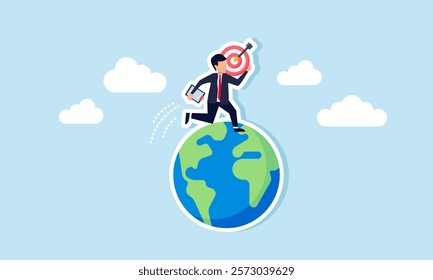 A businessman running around the globe carrying a target board and a work board, illustration of plans to become a global business player with big targets