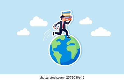 A businessman running around the globe carrying a stack of books and a work board, illustration of plans to become a global business player through research and business studies