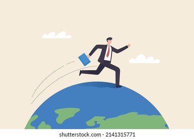 Businessman running around the world sense of urgency Quick response attitude to get the job done as quickly as possible now.